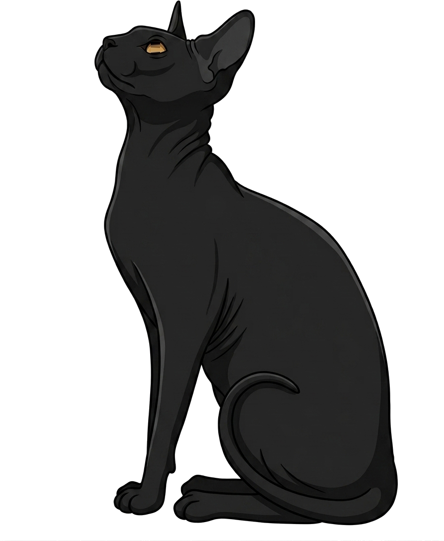 A black cat mascot with amber eyes
